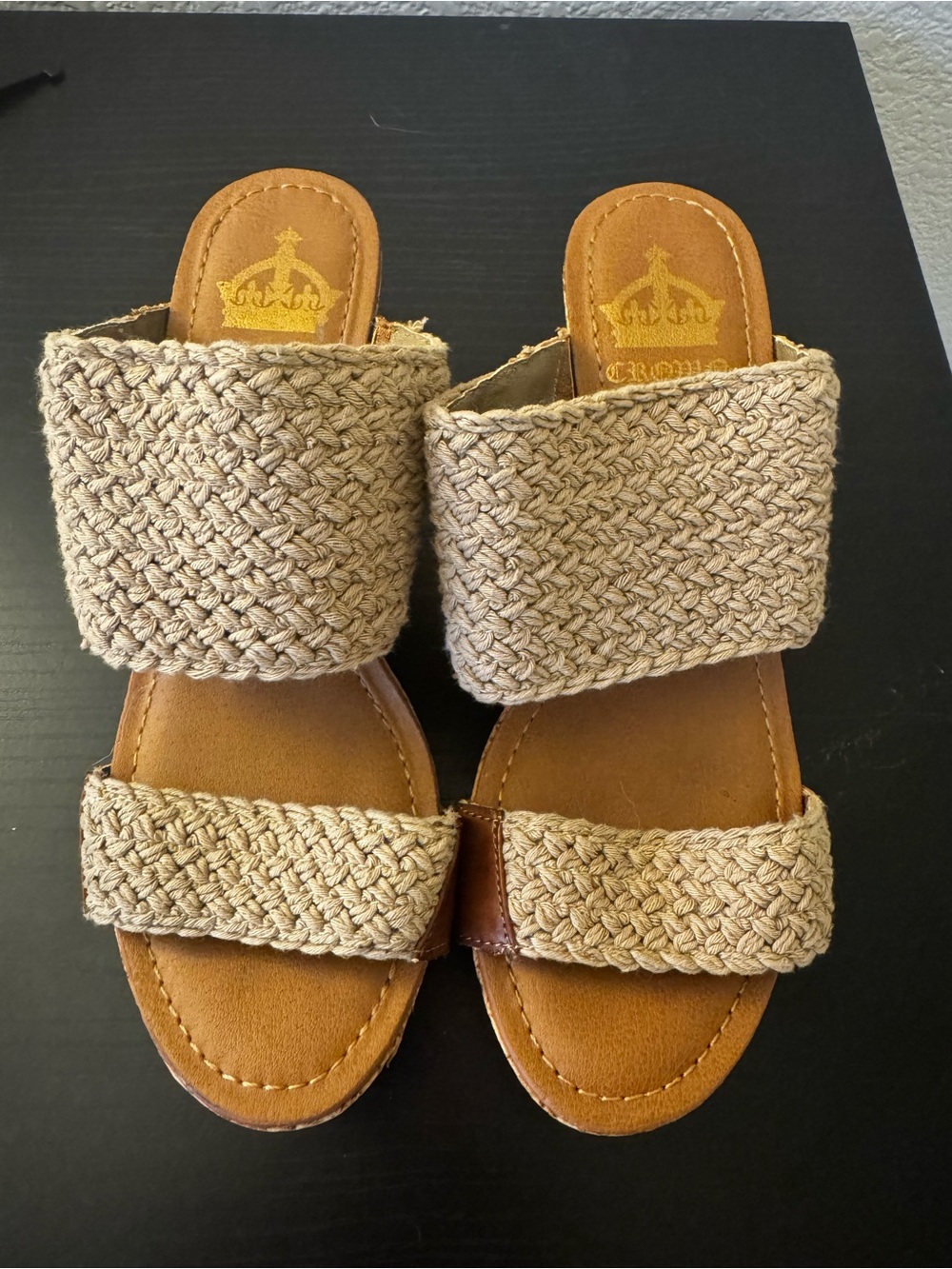 Crown Woven Tan Slide Sandals - Women